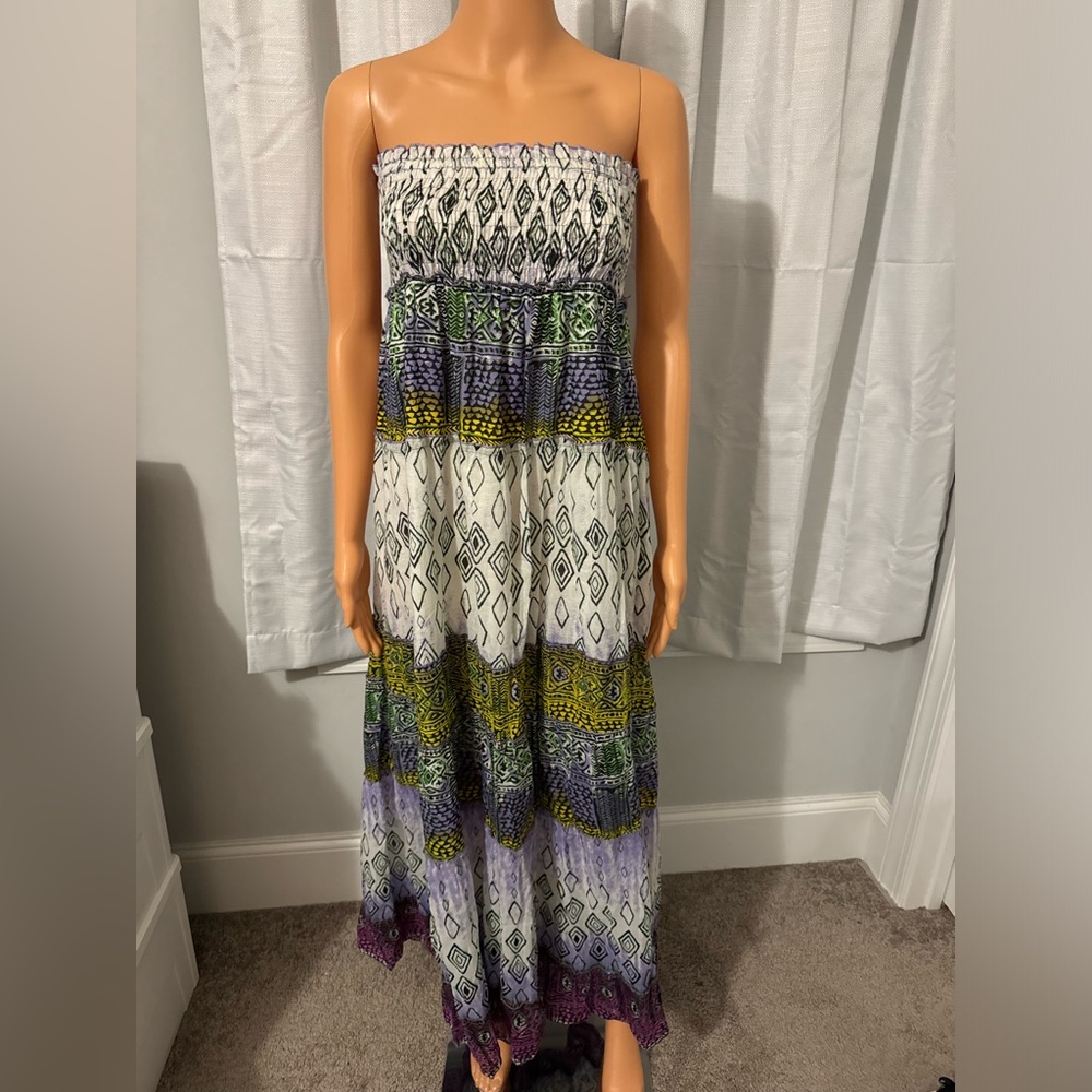 Pretty Chaundry KC size L multi color print smocked strapless midi dress crinkle